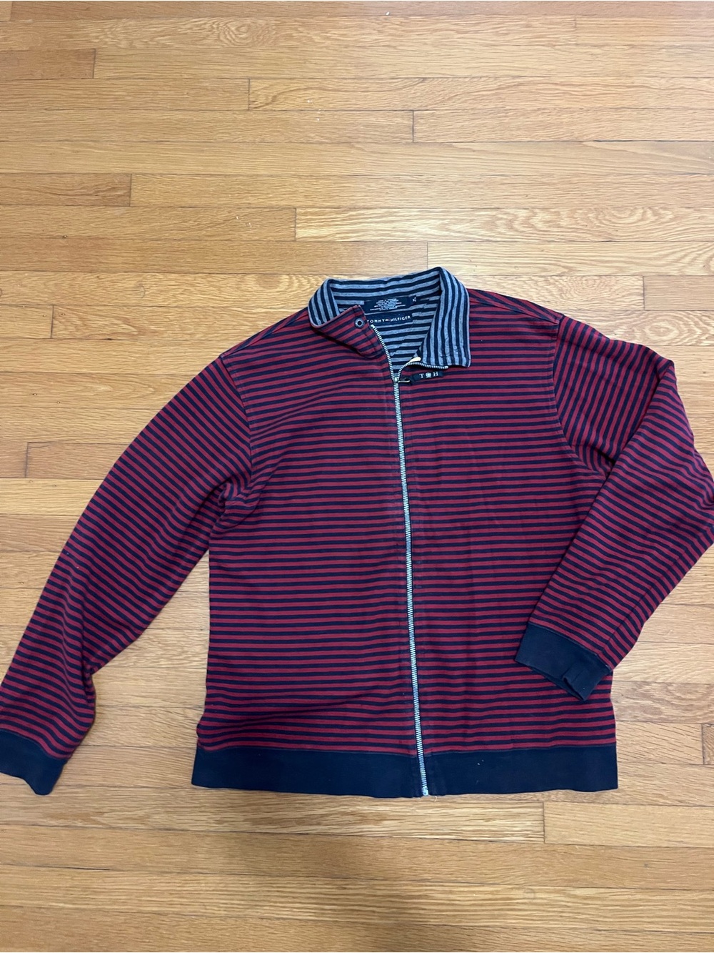 Tommy Hilfiger Red & Navy Striped Zip-Up Sweater